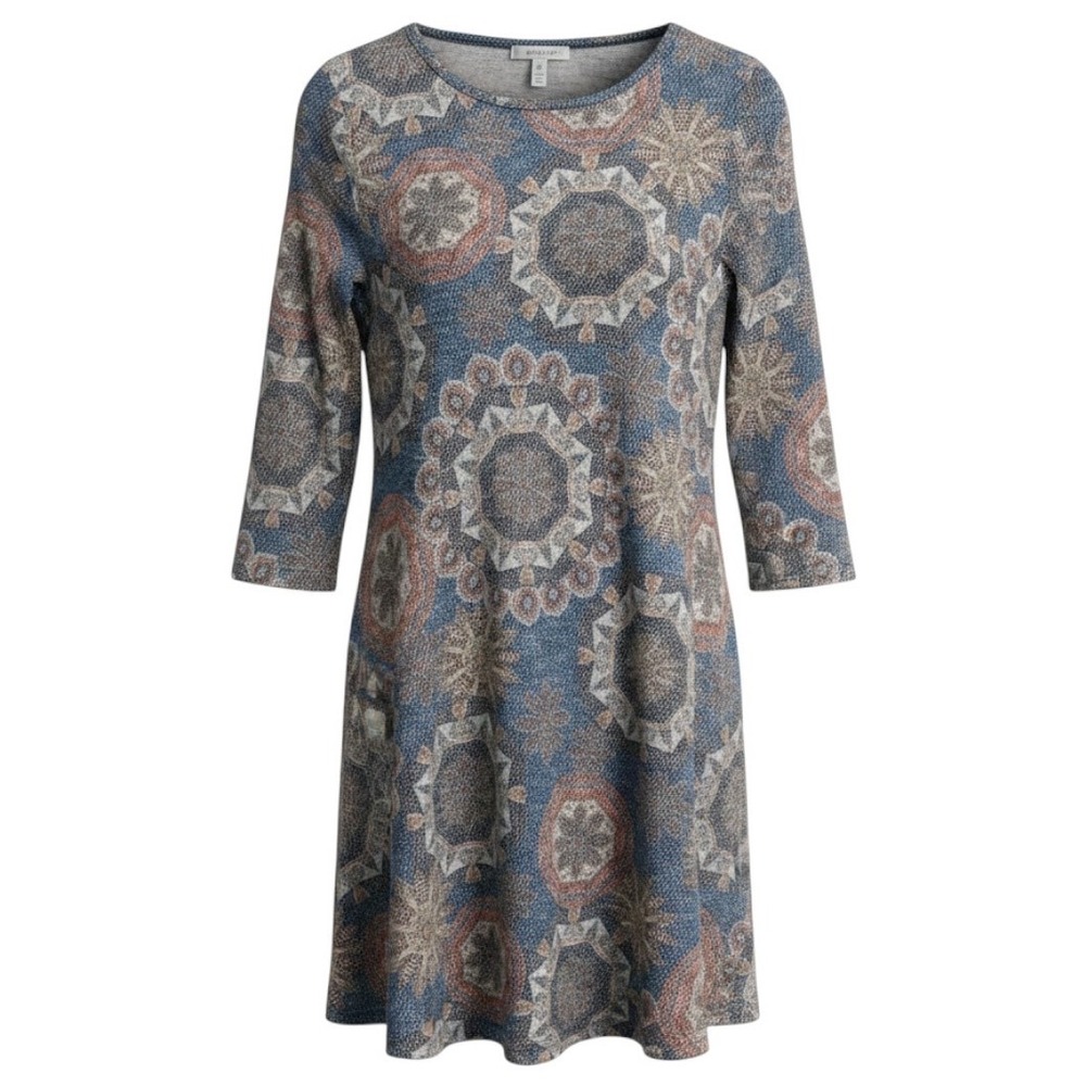 Jodifl Women Medallion Print Knit Tunic Dress Small Blue 3/4 Sleeve A-Line Boho